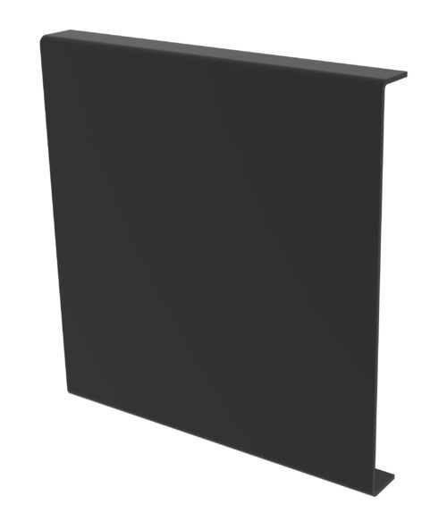 A black metal profile with a flat surface and an L-shaped cross-section, resembling a flange. The object appears simple and industrial, set against a plain white background.