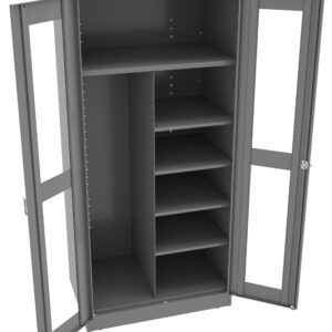 A tall, gray metal storage cabinet with open transparent doors showing multiple shelves on the right side and an open space with a top shelf on the left. The cabinet has adjustable shelves and a sleek design.
