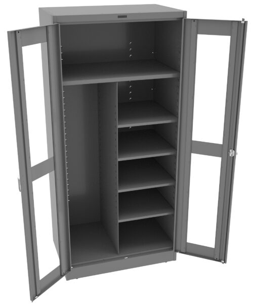 A tall, gray metal storage cabinet with open transparent doors showing multiple shelves on the right side and an open space with a top shelf on the left. The cabinet has adjustable shelves and a sleek design.