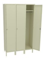 A beige metal three-door locker with one door open, revealing a hanging rod inside. The other two doors are closed. The locker stands on short legs, suitable for use in a school or gym setting.