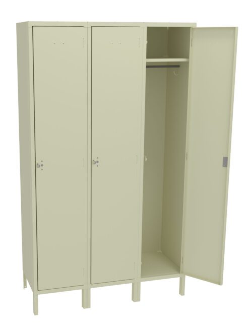 A beige metal three-door locker with one door open, revealing a hanging rod inside. The other two doors are closed. The locker stands on short legs, suitable for use in a school or gym setting.