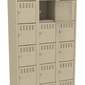 A beige metal locker with multiple small compartments, arranged in three columns and five rows. One compartment in the middle row on the right is open, revealing an empty space inside. Each compartment has a vented door with a lock.
