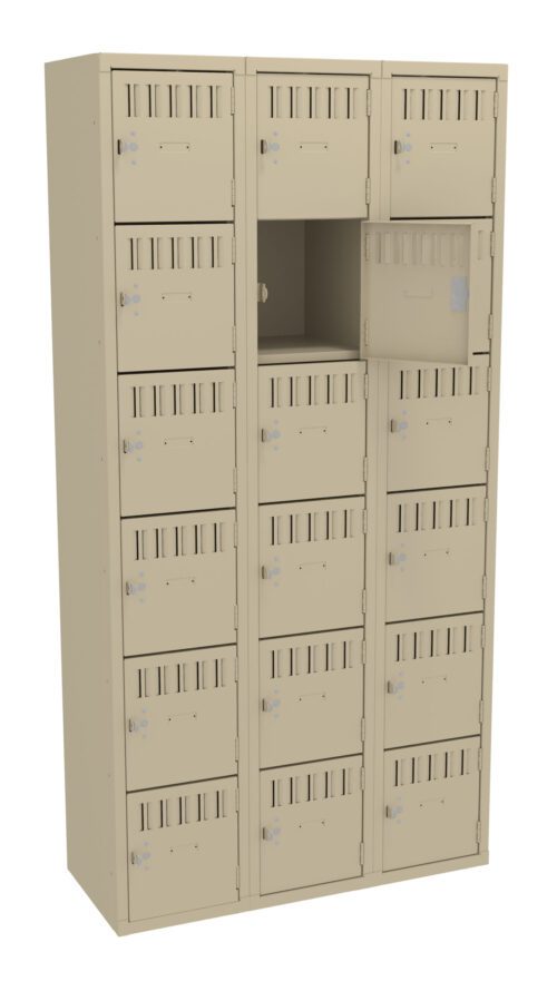 ejujvnbpbbynqnv44q3k.jpg A beige metal locker with multiple small compartments, arranged in three columns and five rows. One compartment in the middle row on the right is open, revealing an empty space inside. Each compartment has a vented door with a lock.