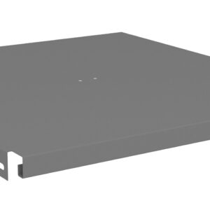 A gray metal roof panel with a flat, rectangular shape. It has smooth surfaces and visible edges with small holes on the sides, likely for installation. The panel is angled slightly, showing its thickness.