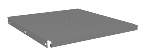 A gray metal roof panel with a flat, rectangular shape. It has smooth surfaces and visible edges with small holes on the sides, likely for installation. The panel is angled slightly, showing its thickness.