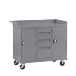 Gray rolling tool cart with two cabinets, three drawers, and swivel caster wheels. Made of metal, it features a handle on one side and lockable doors. Ideal for organizing tools in a garage or workshop.