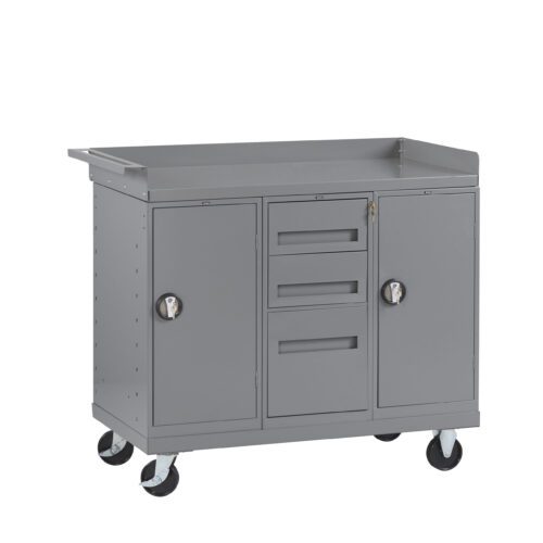 ejx8aagdalp9ceke9zi7.jpg Gray rolling tool cart with two cabinets, three drawers, and swivel caster wheels. Made of metal, it features a handle on one side and lockable doors. Ideal for organizing tools in a garage or workshop.