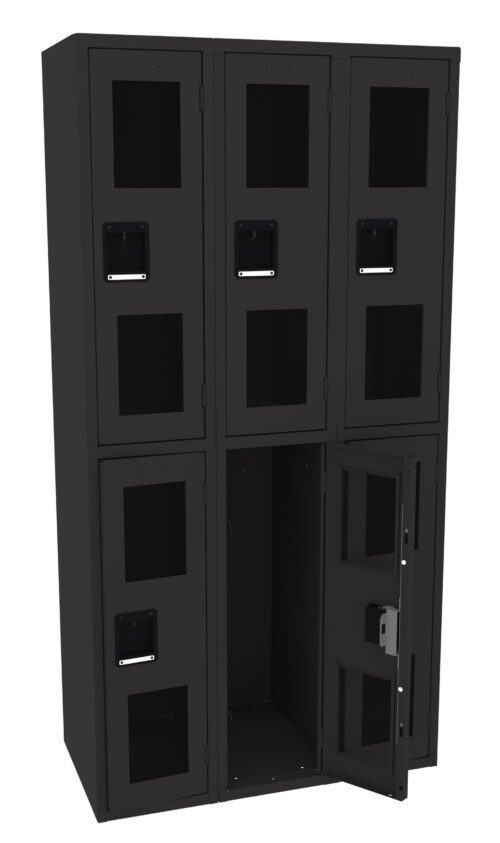 A black set of lockers with six compartments arranged in two columns of three. Each door has a rectangular window, and one of the lower right doors is open, showing the empty space inside.