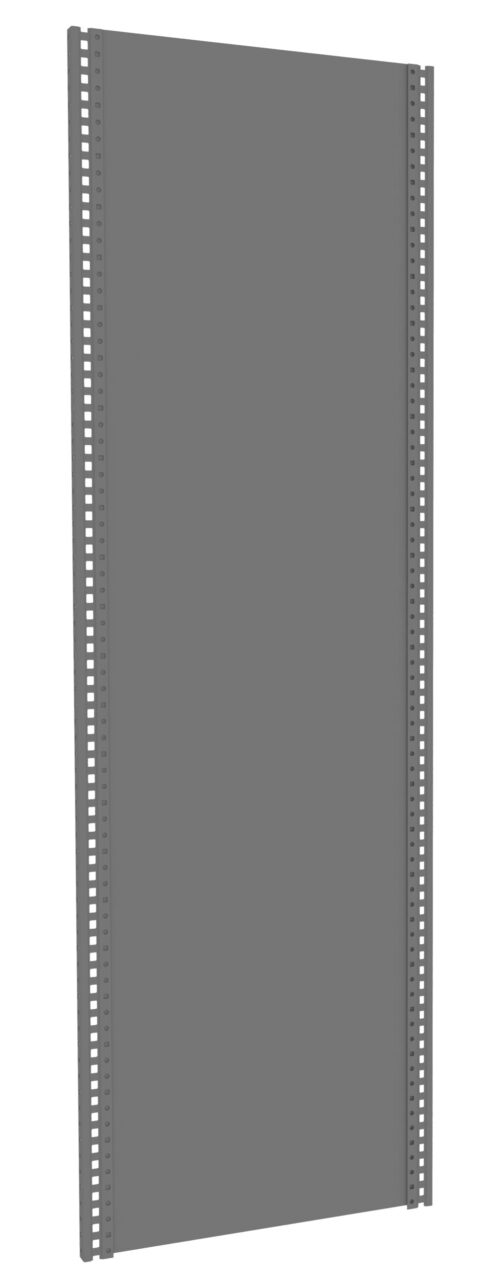 A tall, gray, rectangular metal panel with holes along its two vertical edges. The surface appears smooth and uniform, and the panel is photographed on a white background.