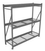 A grey metal storage shelf with three levels and a grid-like design. It has a sturdy, industrial appearance and is meant for organizing items in a garage, warehouse, or workshop setting. The shelves are spaced evenly apart.