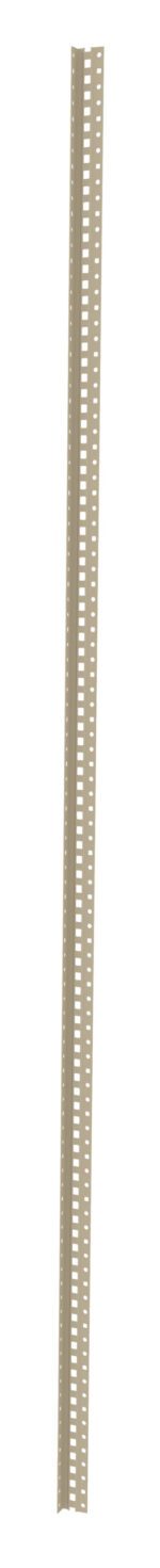 A long, narrow, beige metal or plastic strip with rows of evenly spaced holes running vertically. The strip is slightly curved and appears to be designed for structural or industrial purposes.