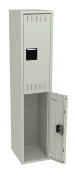 A tall, light gray metal locker with two compartments. The top compartment is closed, and the bottom compartment is open, revealing an empty interior. Each compartment has ventilation slots and a rectangular handle.