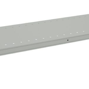 A long, light gray metal shelf with rows of small circular holes on the surface. The shelf has metal brackets on each end for mounting or attaching to a structure.
