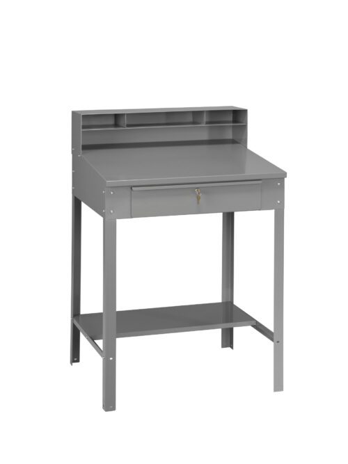 A gray metal desk with a slanted surface, featuring a small hutch on top for storage and a lockable drawer below the writing surface. The desk also includes a lower shelf for additional storage.