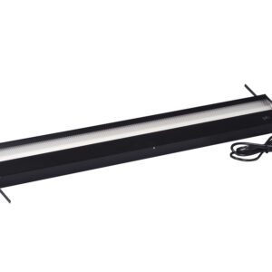 A long, rectangular black electric heater with a grill on one side and two mounting brackets at each end. A power cord with a plug extends from the right side of the heater.