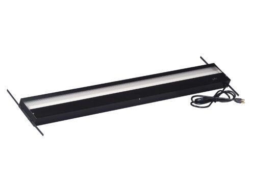 A long, rectangular black electric heater with a grill on one side and two mounting brackets at each end. A power cord with a plug extends from the right side of the heater.