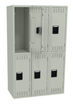 A beige, six-compartment gym locker with three rows and two columns. One locker in the middle row is open, revealing its empty interior. Each locker has a black handle and ventilation slots on the door.