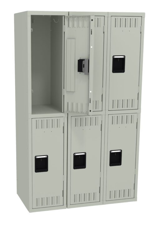 ekzqmspxwwexzrj2xfq5.jpg A beige, six-compartment gym locker with three rows and two columns. One locker in the middle row is open, revealing its empty interior. Each locker has a black handle and ventilation slots on the door.