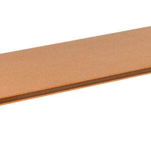 Brown rectangular piece of laminate wood, viewed from a corner angle, showing a thin profile.