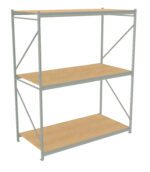 A three-tier metal shelving unit with wooden shelves, featuring a sturdy frame and cross-bracing for stability. The shelves are evenly spaced, providing ample storage space. The unit is isolated against a plain white background.