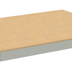 A single, rectangular wooden shelf with a light brown surface and a grey frame underneath, viewed from an angle against a white background.
