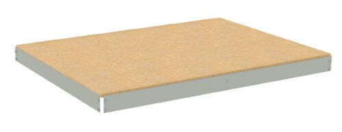 A single, rectangular wooden shelf with a light brown surface and a grey frame underneath, viewed from an angle against a white background.