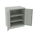 A gray metal storage cabinet with two doors open, revealing three shelves inside. The cabinet is empty and standing against a plain white background.