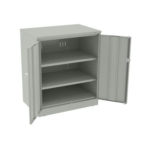 A gray metal storage cabinet with two doors open, revealing three shelves inside. The cabinet is empty and standing against a plain white background.