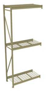 A metal shelving unit with three levels and wire grid shelves. It has vertical support beams on the sides and a beige finish. The shelves are evenly spaced and open, suitable for storage purposes.