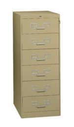 A tall beige filing cabinet with six drawers, each featuring a metal handle and label holder. The top right corner has a keyhole for locking. The cabinet stands on a flat surface, designed for office or home organization.