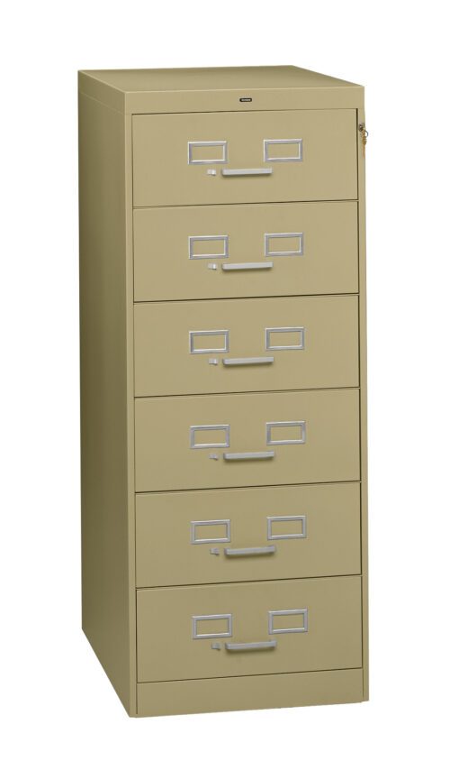 A tall beige filing cabinet with six drawers, each featuring a metal handle and label holder. The top right corner has a keyhole for locking. The cabinet stands on a flat surface, designed for office or home organization.