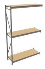 A metal shelving unit with three rectangular wooden shelves and a sturdy frame. The structure includes side supports and evenly spaced holes to adjust shelf height. The shelves are unadorned, providing a simple and functional storage solution.