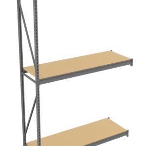 A metal shelving unit with three rectangular wooden shelves and a sturdy frame. The structure includes side supports and evenly spaced holes to adjust shelf height. The shelves are unadorned, providing a simple and functional storage solution.