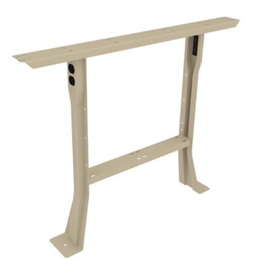 Metal table leg frame in beige with a rectangular top and two sturdy curved legs. It includes a horizontal support bar for stability and has multiple holes for mounting screws.
