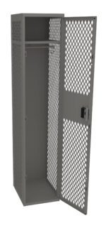 A tall, open metal locker with a mesh design featuring diamond-shaped holes. The locker door is hinged open and includes a lock mechanism. Inside, there is a single shelf near the top and an empty interior.