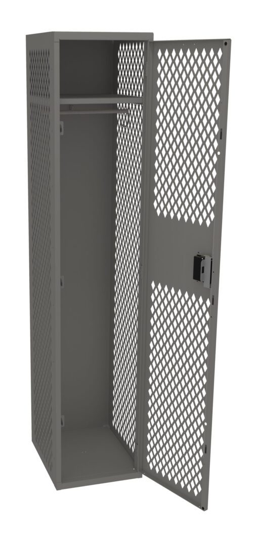 A tall, open metal locker with a mesh design featuring diamond-shaped holes. The locker door is hinged open and includes a lock mechanism. Inside, there is a single shelf near the top and an empty interior.