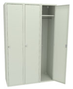 A three-section metal storage locker with cream-colored doors. The rightmost door is open, revealing an empty interior with a hanging rod and a top shelf. The other two doors are closed.