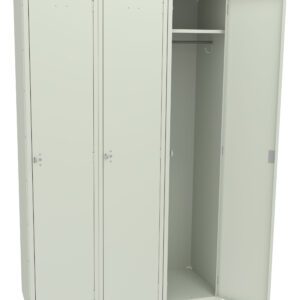 A three-section metal storage locker with cream-colored doors. The rightmost door is open, revealing an empty interior with a hanging rod and a top shelf. The other two doors are closed.