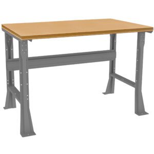A sturdy workbench with a wooden top and gray metal legs. The bench has a rectangular shape and a simple design, ideal for workshops or garages.