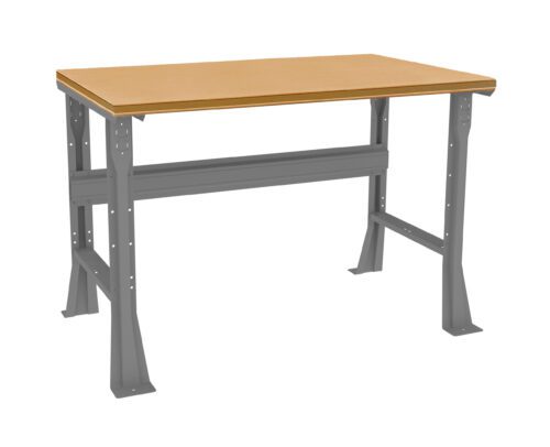 A sturdy workbench with a wooden top and gray metal legs. The bench has a rectangular shape and a simple design, ideal for workshops or garages.