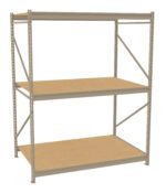 A three-tier metal storage shelf with a light brown wooden base on each level. The frame is gray, featuring vertical support beams and diagonal braces for stability. The shelves are empty and the unit is set against a white background.