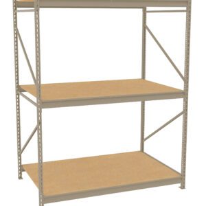 A three-tier metal storage shelf with a light brown wooden base on each level. The frame is gray, featuring vertical support beams and diagonal braces for stability. The shelves are empty and the unit is set against a white background.