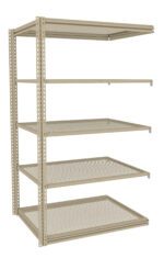 Metal shelving unit with five adjustable wire mesh shelves, shown at an angle. The unit is beige and has perforated vertical supports for customizable shelf spacing.