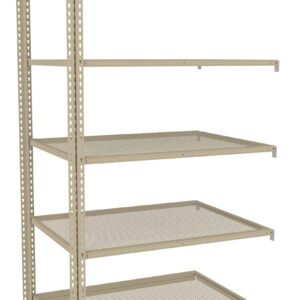 Metal shelving unit with five adjustable wire mesh shelves, shown at an angle. The unit is beige and has perforated vertical supports for customizable shelf spacing.