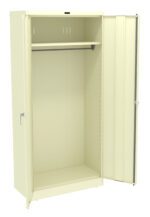 A beige metal wardrobe cabinet with one door open. Inside, theres a hanging rod and a single top shelf. The cabinet is simple and functional, featuring a handle on the left door.
