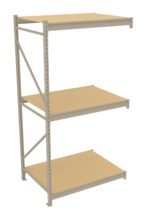 A three-tier beige metal shelving unit with adjustable shelves and a sturdy frame. The shelves are evenly spaced, designed for storage or organizing items. The unit is shown isolated on a plain white background.