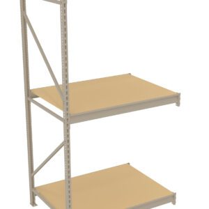 A three-tier beige metal shelving unit with adjustable shelves and a sturdy frame. The shelves are evenly spaced, designed for storage or organizing items. The unit is shown isolated on a plain white background.