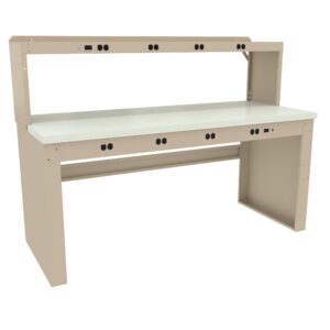 A beige workbench with a white tabletop and a back panel featuring multiple power outlets and USB ports. The lower section has additional outlets. The frame is sturdy, providing ample workspace for various tasks.