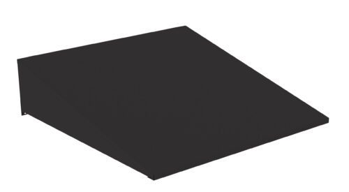 A black, rectangular wedge-shaped object with a sloped surface is shown against a plain white background. The objects smooth, dark surface contrasts with its angular geometric shape.