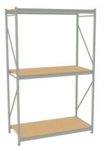 A metal frame shelving unit with three wooden shelves. The structure is sturdy, featuring vertical supports and diagonal braces for stability. The shelves are evenly spaced and designed for storage.